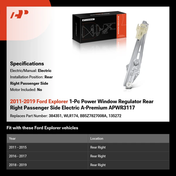 2011-2019 Ford Explorer 1-Pc Power Window Regulator Rear Right Passenger Side Electric A-Premium APWR3117