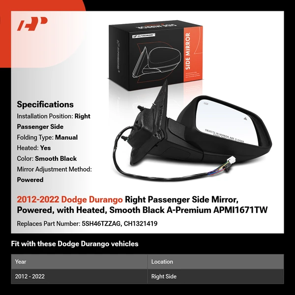 2012-2022 Dodge Durango Right Passenger Side Mirror, Powered, with Heated, Smooth Black A-Premium APMI1671TW