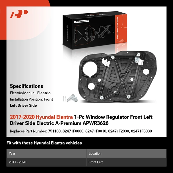 2017-2020 Hyundai Elantra 1-Pc Window Regulator Front Left Driver Side Electric A-Premium APWR3626