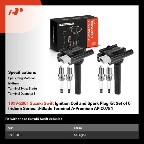 1999-2001 Suzuki Swift Ignition Coil and Spark Plug Kit Set of 6 Iridium Series, 3-Blade Terminal A-Premium APIC0784
