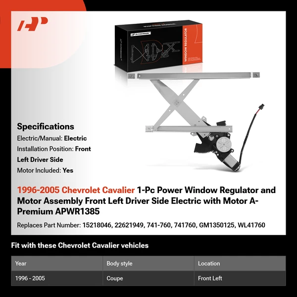 1996-2005 Chevrolet Cavalier 1-Pc Power Window Regulator and Motor Assembly Front Left Driver Side Electric with Motor A-Premium APWR1385