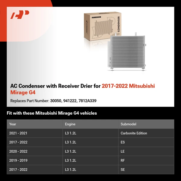 AC Condenser with Receiver Drier for 2017-2022 Mitsubishi Mirage G4