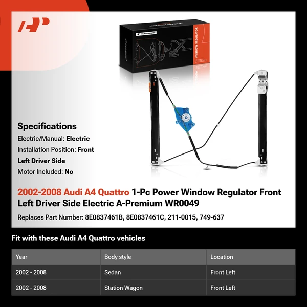 2002-2008 Audi A4 Quattro 1-Pc Power Window Regulator Front Left Driver Side Electric A-Premium WR0049