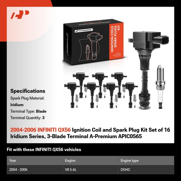 2004-2006 INFINITI QX56 Ignition Coil and Spark Plug Kit Set of 16 Iridium Series, 3-Blade Terminal A-Premium APIC0565