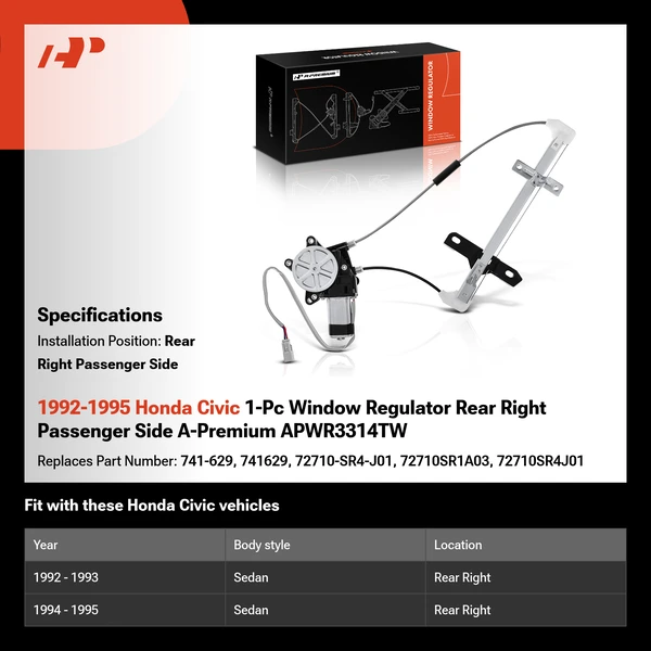 1992-1995 Honda Civic 1-Pc Window Regulator Rear Right Passenger Side A-Premium APWR3314TW