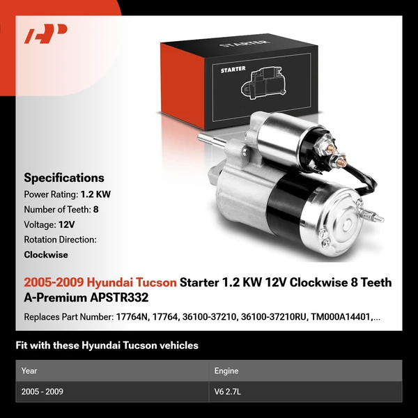 2005-2009 Hyundai Tucson Starter 1.2 KW 12V Clockwise 8 Teeth A-Premium APSTR332