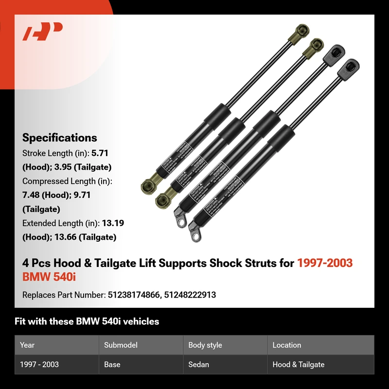4 Pcs Hood & Tailgate Lift Supports Shock Struts for 1997-2003 BMW 540i