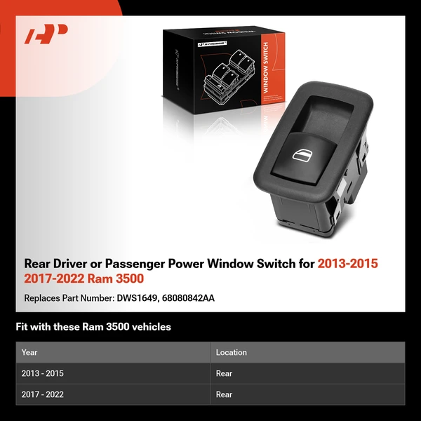 Rear Driver or Passenger Power Window Switch for 2013-2015 2017-2022 Ram 3500