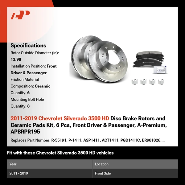 2011-2019 Chevrolet Silverado 3500 HD Disc Brake Rotors and Ceramic Pads Kit, 6 Pcs, Front Driver & Passenger, A-Premium, APBRPR195