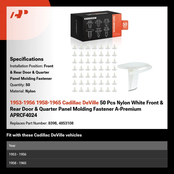1953-1956 1958-1965 Cadillac DeVille 50 Pcs Nylon White Front & Rear Door & Quarter Panel Molding Fastener A-Premium APRCF4024