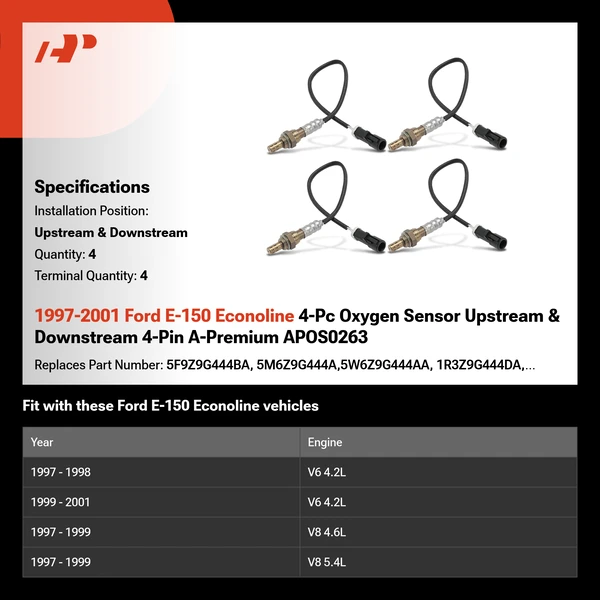 1997-2001 Ford E-150 Econoline 4-Pc Oxygen Sensor Upstream & Downstream 4-Pin A-Premium APOS0263