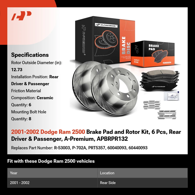 2001-2002 Dodge Ram 2500 Brake Pad and Rotor Kit, 6 Pcs, Rear Driver & Passenger, A-Premium, APBRPR132