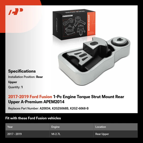 2017-2019 Ford Fusion 1-Pc Engine Torque Strut Mount Rear Upper A-Premium APEM2014