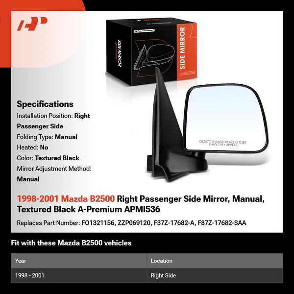 1998-2001 Mazda B2500 Right Passenger Side Mirror, Manual, Textured Black A-Premium APMI536