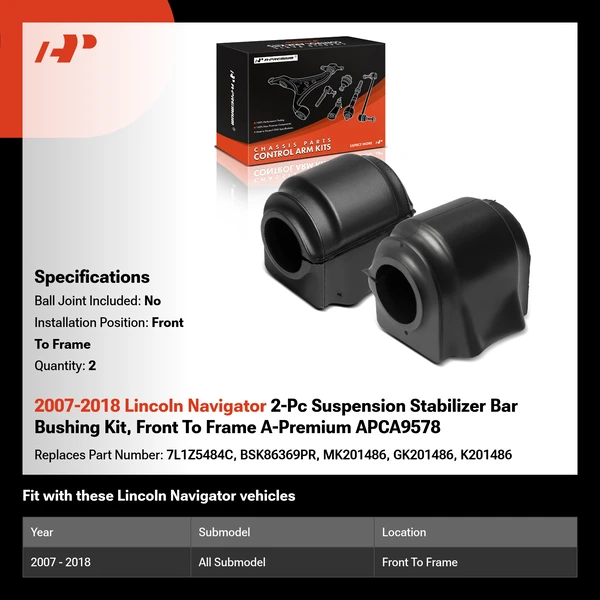 2007-2018 Lincoln Navigator 2-Pc Suspension Stabilizer Bar Bushing Kit, Front To Frame A-Premium APCA9578