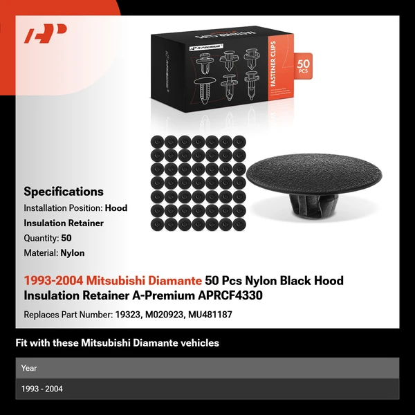 1993-2004 Mitsubishi Diamante 50 Pcs Nylon Black Hood Insulation Retainer A-Premium APRCF4330