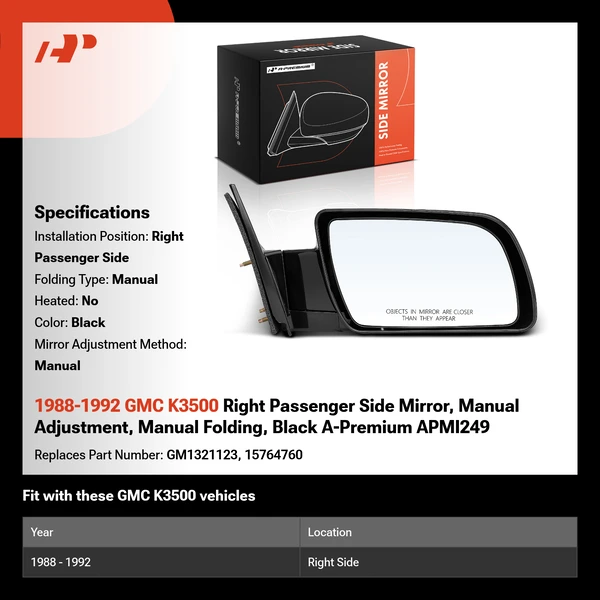 1988-1992 GMC K3500 Right Passenger Side Mirror, Manual Adjustment, Manual Folding, Black A-Premium APMI249