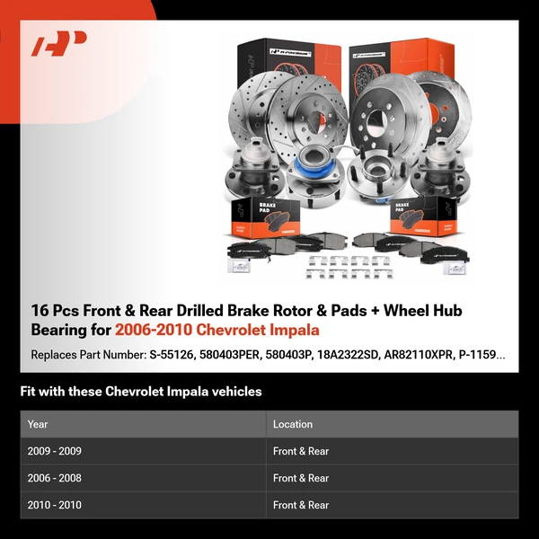 16 Pcs Front & Rear Drilled Brake Rotor & Pads + Wheel Hub Bearing for 2006-2010 Chevrolet Impala