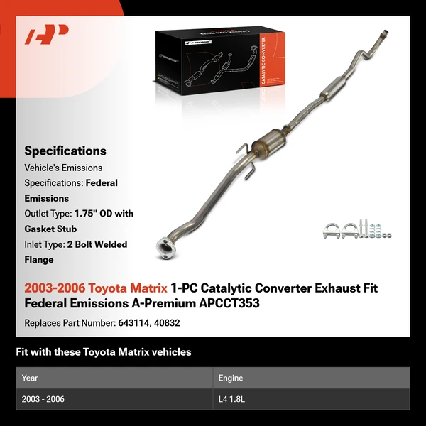 2003-2006 Toyota Matrix 1-PC Catalytic Converter Exhaust Fit Federal Emissions A-Premium APCCT353
