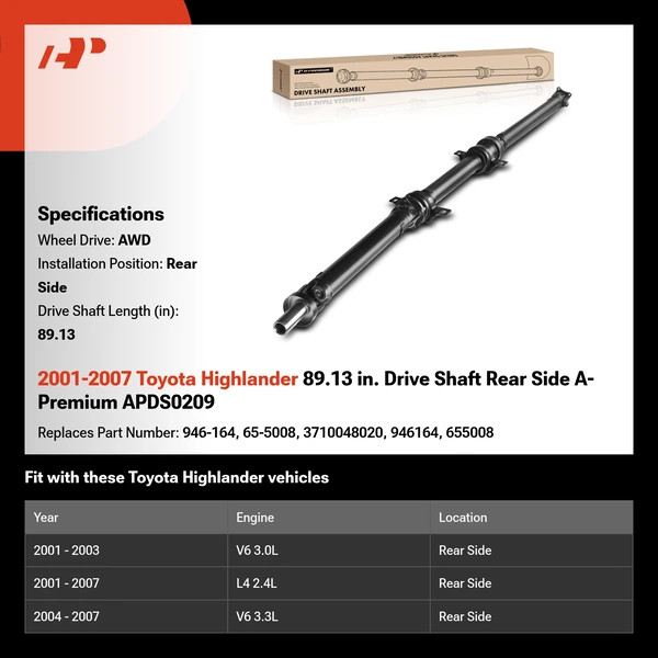 2001-2007 Toyota Highlander 89.13 in. Drive Shaft Rear Side A-Premium APDS0209