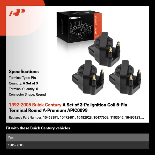 1992-2005 Buick Century A Set of 3-Pc Ignition Coil 6-Pin Terminal Round A-Premium APIC0099