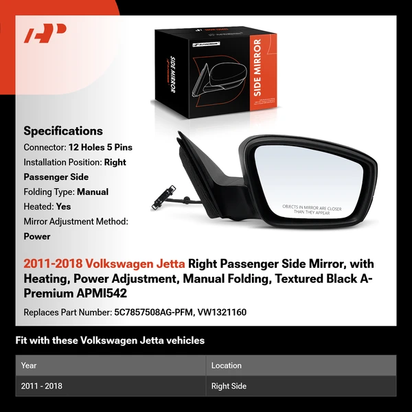 2011-2018 Volkswagen Jetta Right Passenger Side Mirror, with Heating, Power Adjustment, Manual Folding, Textured Black A-Premium APMI542