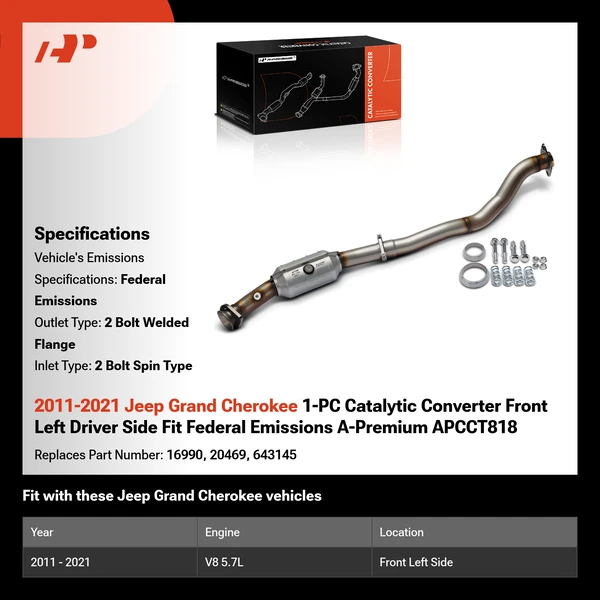 2011-2021 Jeep Grand Cherokee 1-PC Catalytic Converter Front Left Driver Side Fit Federal Emissions A-Premium APCCT818