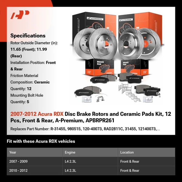 2007-2012 Acura RDX Disc Brake Rotors and Ceramic Pads Kit, 12 Pcs, Front & Rear, A-Premium, APBRPR261