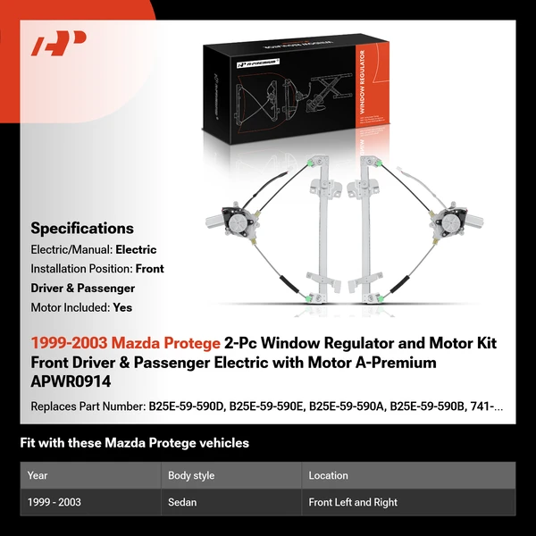 1999-2003 Mazda Protege 2-Pc Window Regulator and Motor Kit Front Driver & Passenger Electric with Motor A-Premium APWR0914