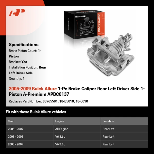 2005-2009 Buick Allure 1-Pc Brake Caliper Rear Left Driver Side 1-Piston A-Premium APBC0137