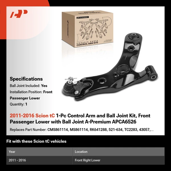 2011-2016 Scion tC 1-Pc Control Arm and Ball Joint Kit, Front Passenger Lower with Ball Joint A-Premium APCA6526