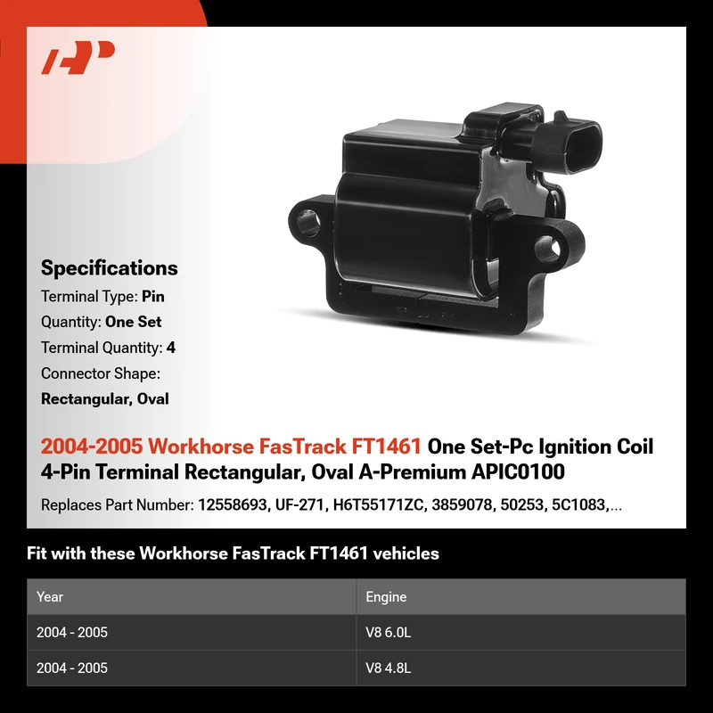 2004-2005 Workhorse FasTrack FT1461 One Set-Pc Ignition Coil 4-Pin Terminal Rectangular, Oval A-Premium APIC0100