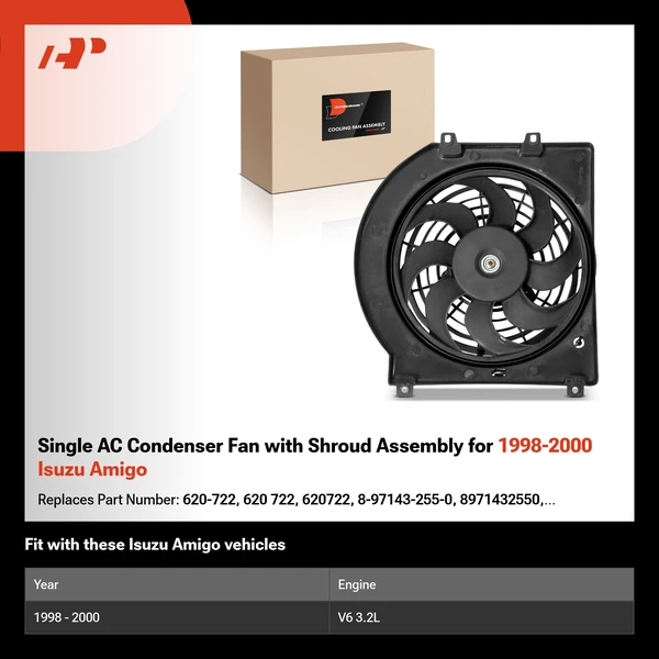 Single AC Condenser Fan with Shroud Assembly for 1998-2000 Isuzu Amigo