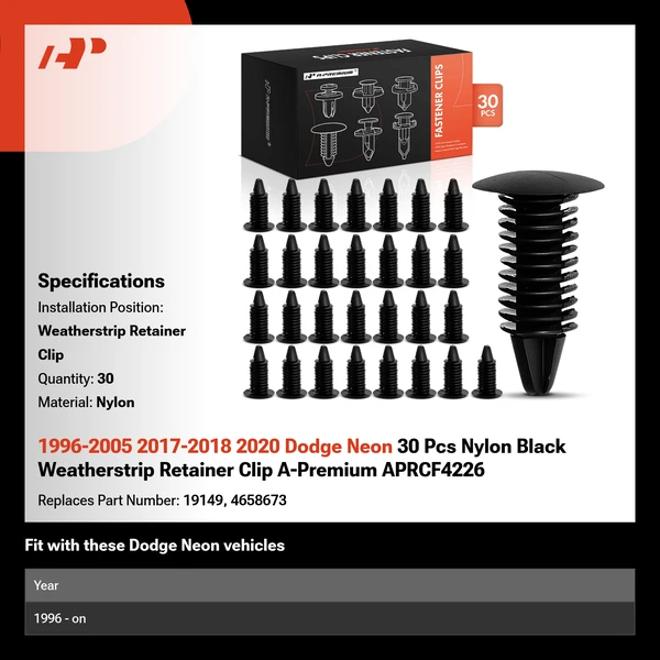 1996-2005 2017-2018 2020 Dodge Neon 30 Pcs Nylon Black Weatherstrip Retainer Clip A-Premium APRCF4226