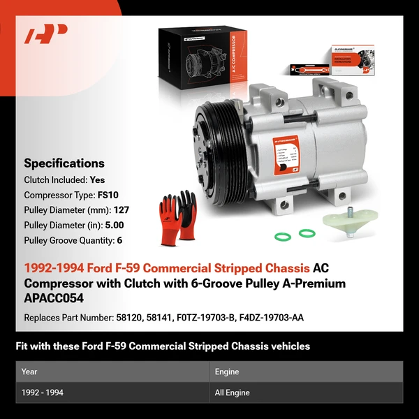 1992-1994 Ford F-59 Commercial Stripped Chassis AC Compressor with Clutch with 6-Groove Pulley A-Premium APACC054