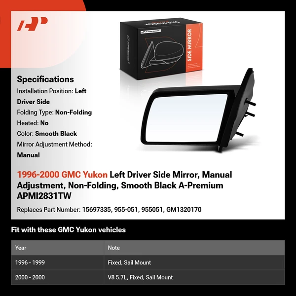 1996-2000 GMC Yukon Left Driver Side Mirror, Manual Adjustment, Non-Folding, Smooth Black A-Premium APMI2831TW