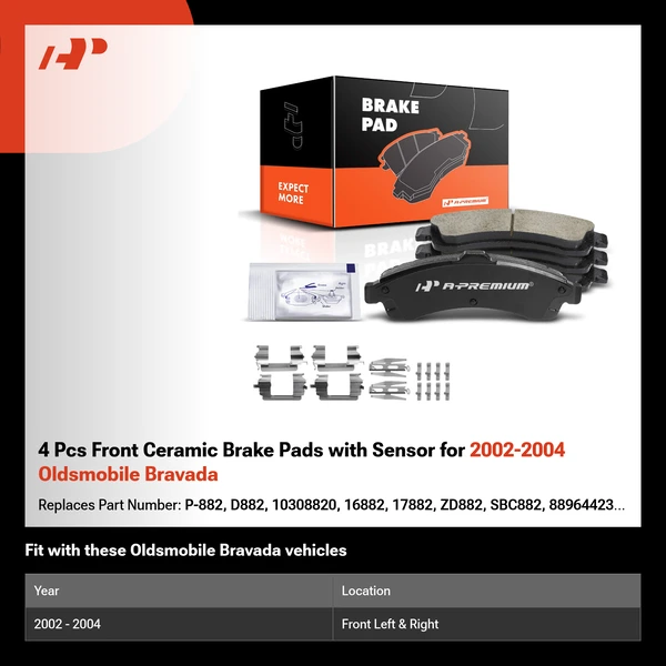 4 Pcs Front Ceramic Brake Pads with Sensor for 2002-2004 Oldsmobile Bravada