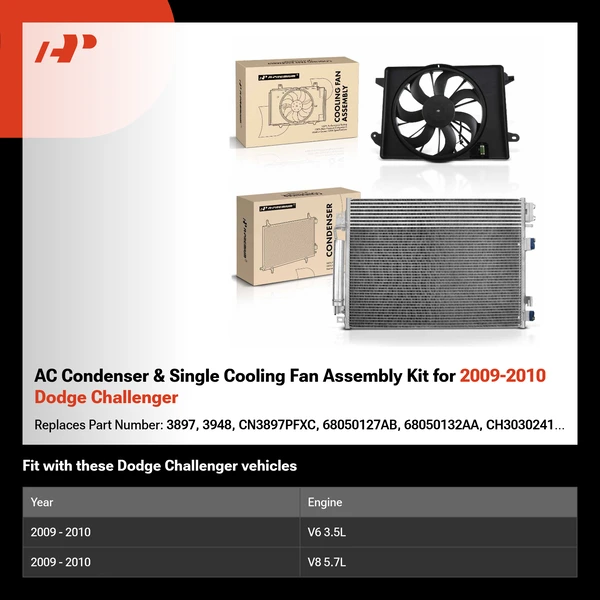 AC Condenser & Single Cooling Fan Assembly Kit for 2009-2010 Dodge Challenger