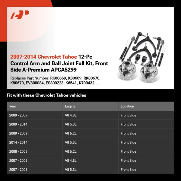 2007-2014 Chevrolet Tahoe 12-Pc Control Arm and Ball Joint Full Kit, Front Side A-Premium APCA5299