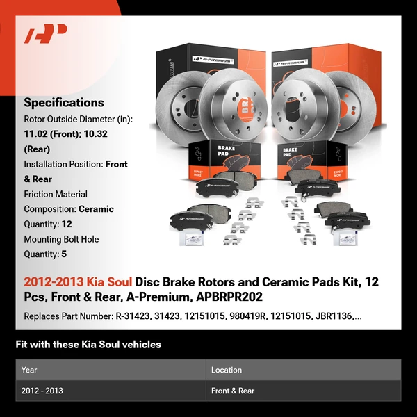 2012-2013 Kia Soul Disc Brake Rotors and Ceramic Pads Kit, 12 Pcs, Front & Rear, A-Premium, APBRPR202