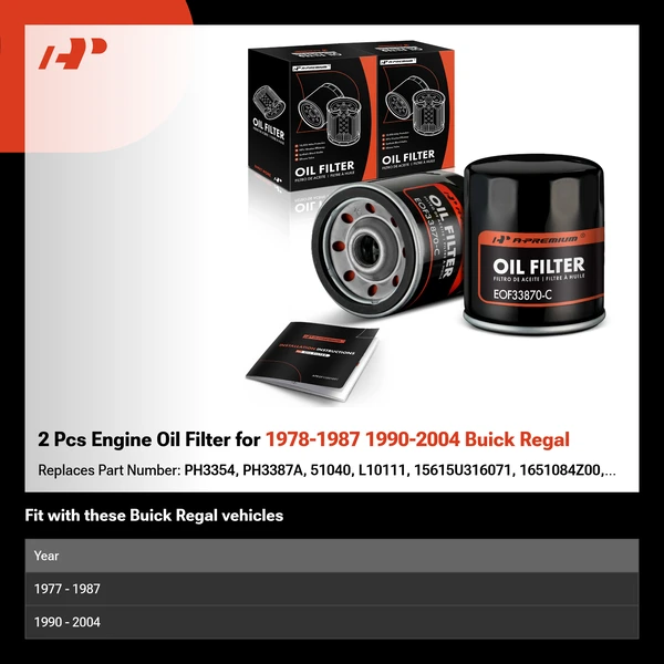 2 Pcs Engine Oil Filter for 1978-1987 1990-2004 Buick Regal