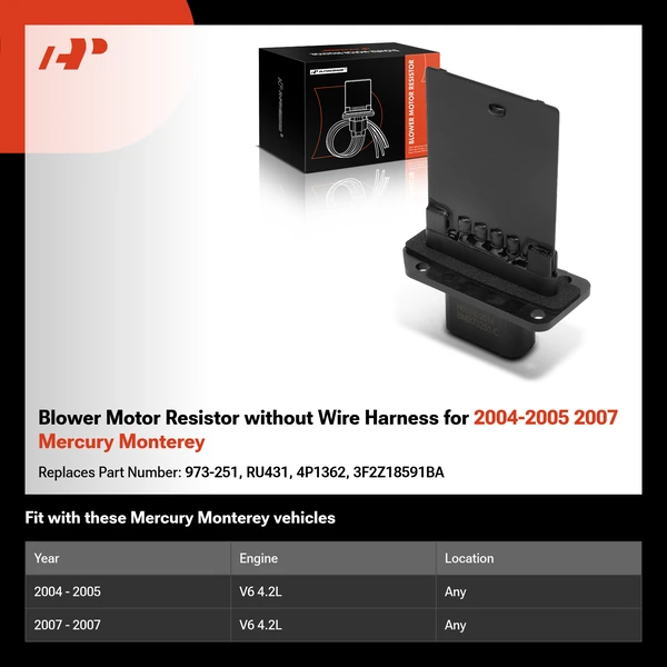 Blower Motor Resistor without Wire Harness for 2004-2005 2007 Mercury Monterey