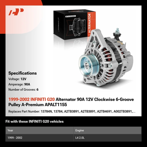 1999-2002 INFINITI G20 Alternator 90A 12V Clockwise 6-Groove Pulley A-Premium APALT1155