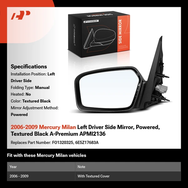 2006-2009 Mercury Milan Left Driver Side Mirror, Powered, Textured Black A-Premium APMI2136
