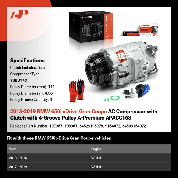 2013-2019 BMW 650i xDrive Gran Coupe AC Compressor with Clutch with 4-Groove Pulley A-Premium APACC168