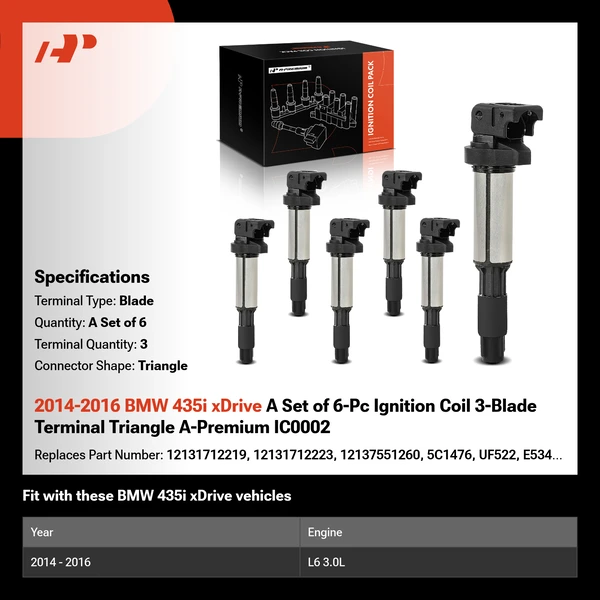 2014-2016 BMW 435i xDrive A Set of 6-Pc Ignition Coil 3-Blade Terminal Triangle A-Premium IC0002