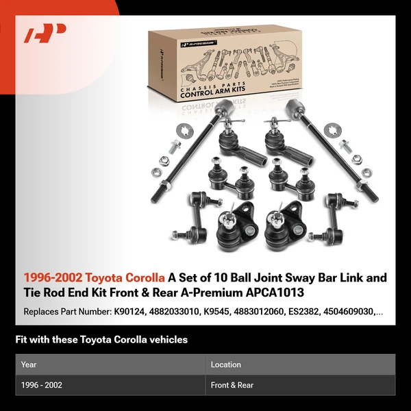 1996-2002 Toyota Corolla A Set of 10 Ball Joint Sway Bar Link and Tie Rod End Kit Front & Rear A-Premium APCA1013