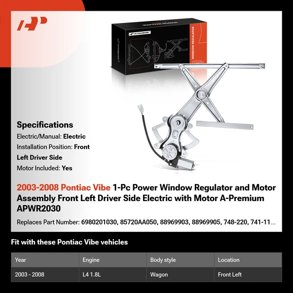 2003-2008 Pontiac Vibe 1-Pc Power Window Regulator and Motor Assembly Front Left Driver Side Electric with Motor A-Premium APWR2030