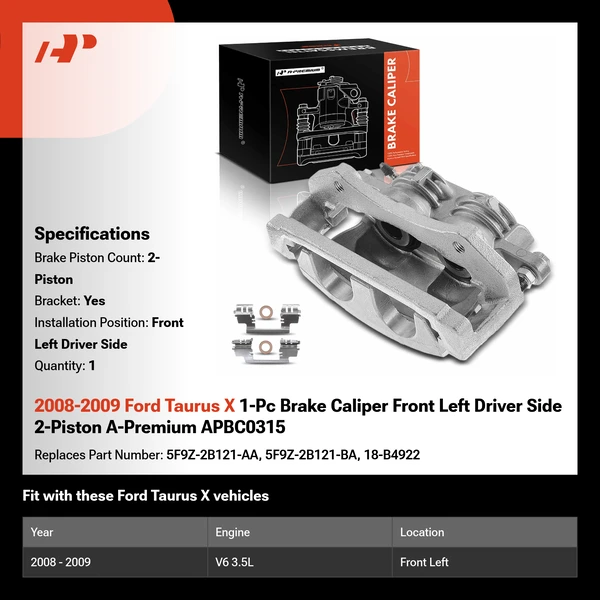 2008-2009 Ford Taurus X 1-Pc Brake Caliper Front Left Driver Side 2-Piston A-Premium APBC0315