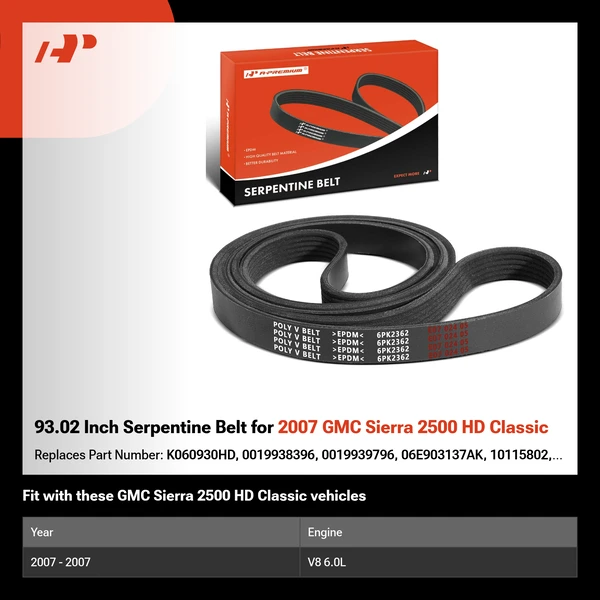 93.02 Inch Serpentine Belt for 2007 GMC Sierra 2500 HD Classic
